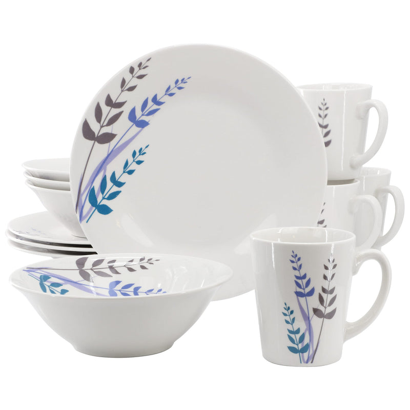 Gibson Home Blue Leaves 12 Piece Round Fine Ceramic Decorated Dinnerware Set in White-0