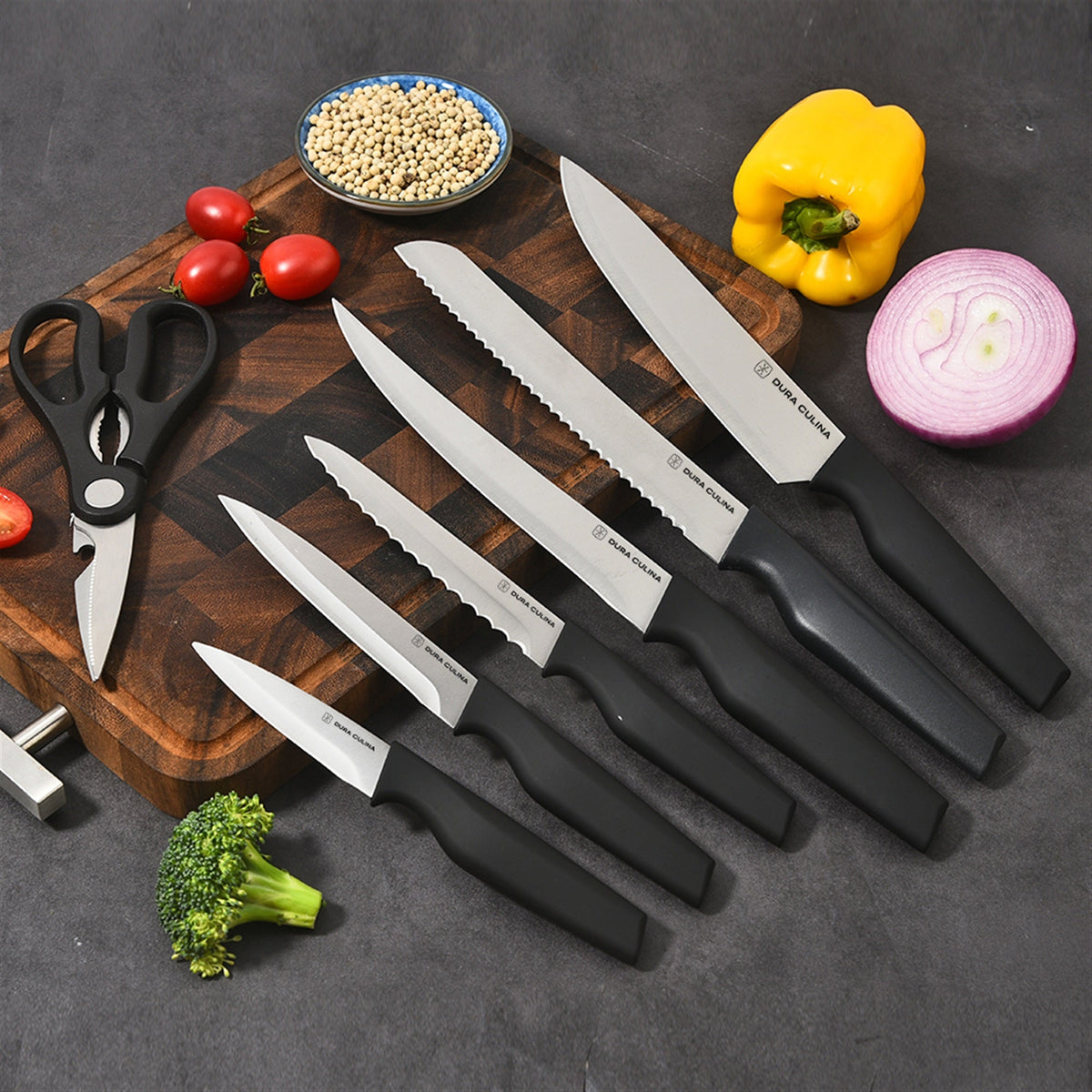 14-Piece Knife Block Set - High Carbon Stainless Steel with Ergonomic Handles, Built-In Sharpener, Black Wood Storage Block-2