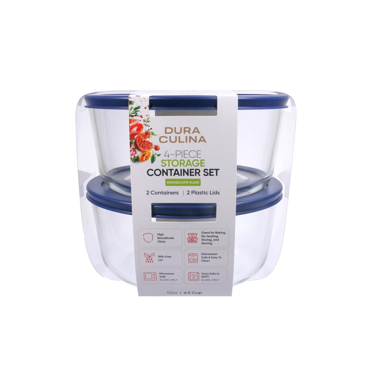 4 Piece Set (6.55 Cup / 52.4Oz) Round Glass Storage Containers With Lids, Blue-3