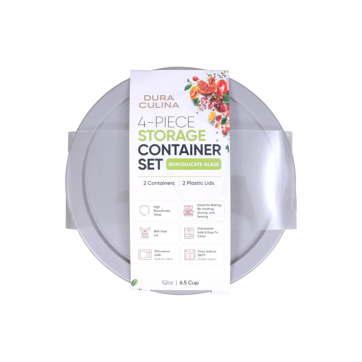 4 Piece Set (6.55 Cup / 52.4Oz) Round Glass Storage Containers With Lids, Grey-4