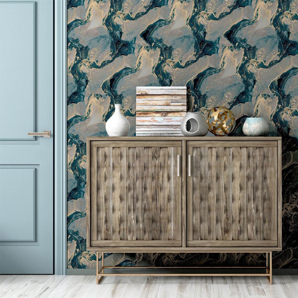 Abstract Marble Teal/Gold Wallpaper image 1