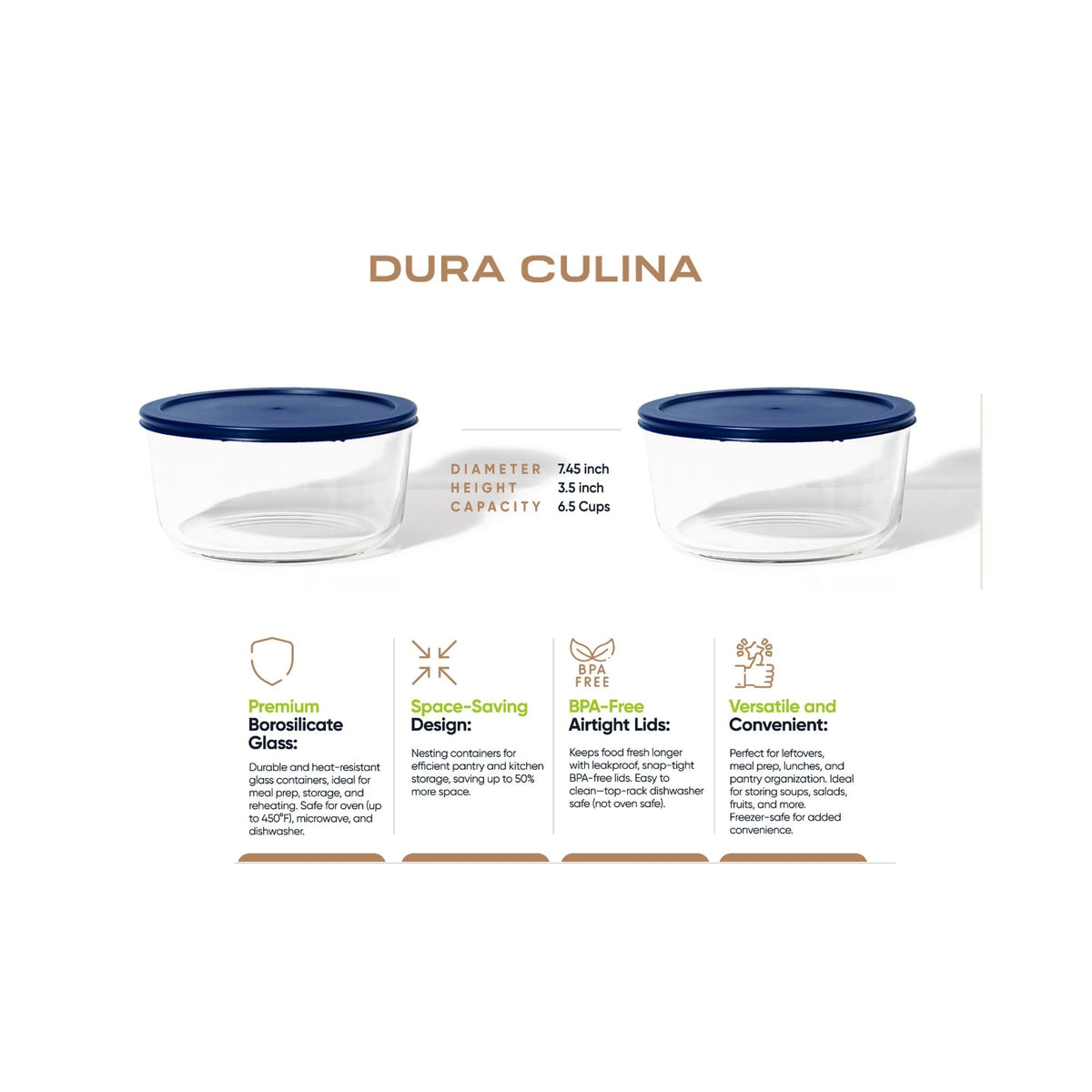 4 Piece Set (6.55 Cup / 52.4Oz) Round Glass Storage Containers With Lids, Blue-1