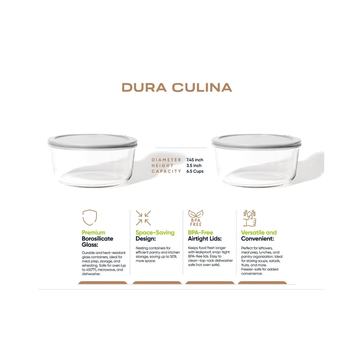 4 Piece Set (6.55 Cup / 52.4Oz) Round Glass Storage Containers With Lids, Grey-1