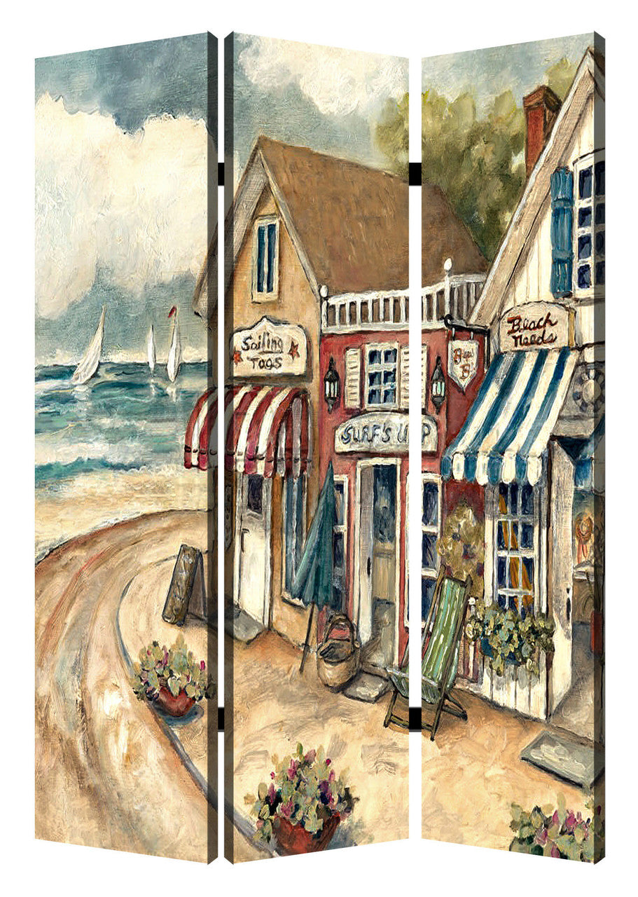 48 X 72 Multi Color Wood Canvas Seaside Town Slate  Screen-1