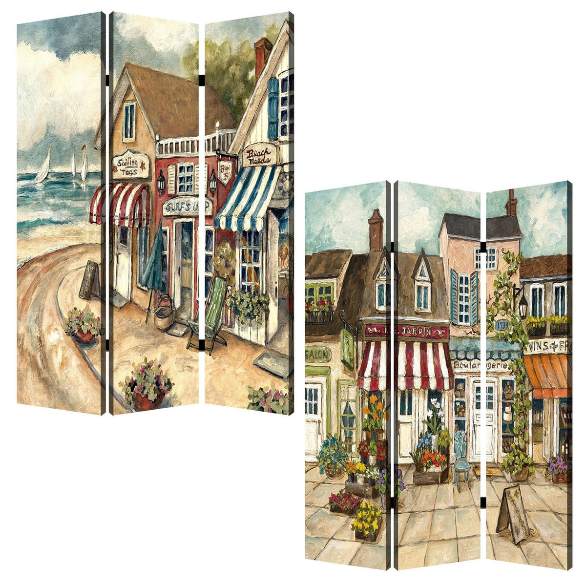 48 X 72 Multi Color Wood Canvas Seaside Town Slate  Screen-0