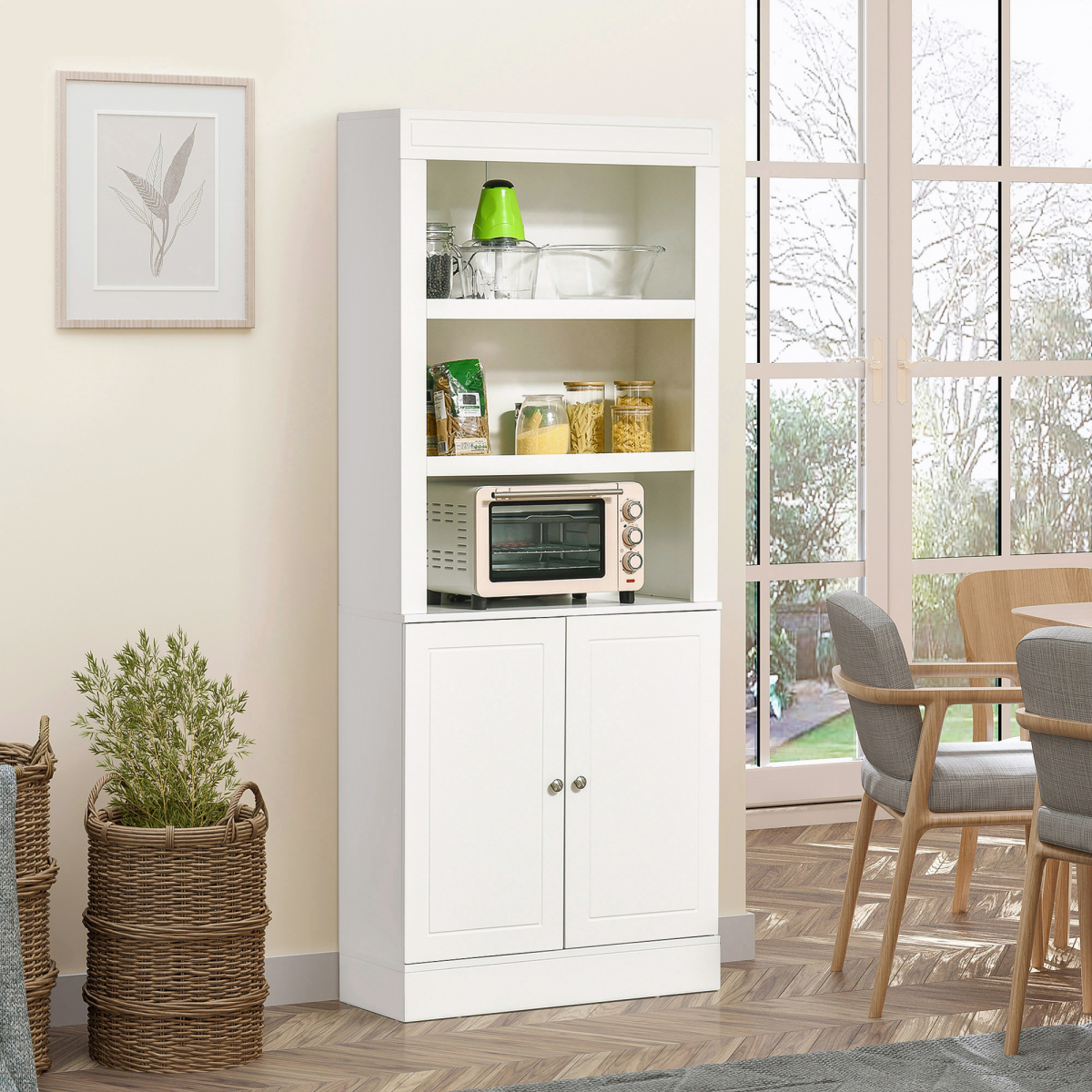 Kitchen Cupboard with 6-tier Shelving, Sideboard Double-door , White