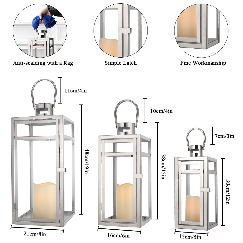 19''&15''&12'' H Stainless Steel Metal Candle Lantern  Candle Holder with Clear Glass Panels(Set of 3)