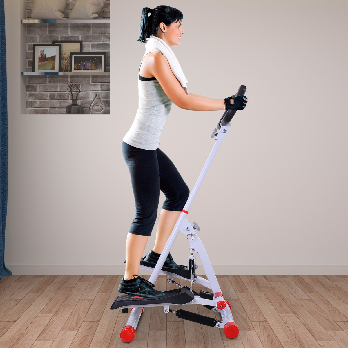 Foldable Stepper Adjustable Step Machine with Handlebar LCD Display, Red