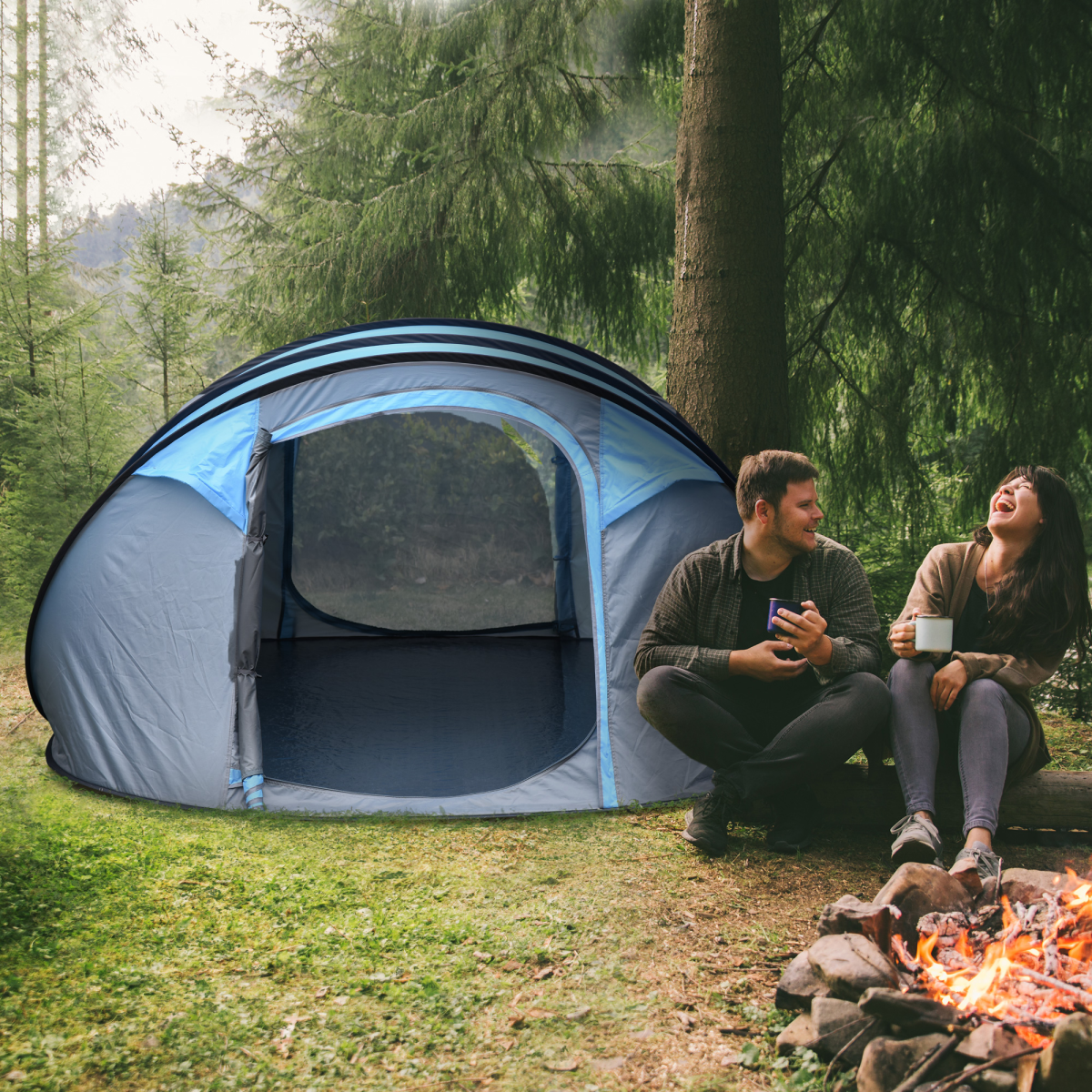 Camping Tent Dome Pop-up Tent with Windows for 4-5 Person Sky Blue