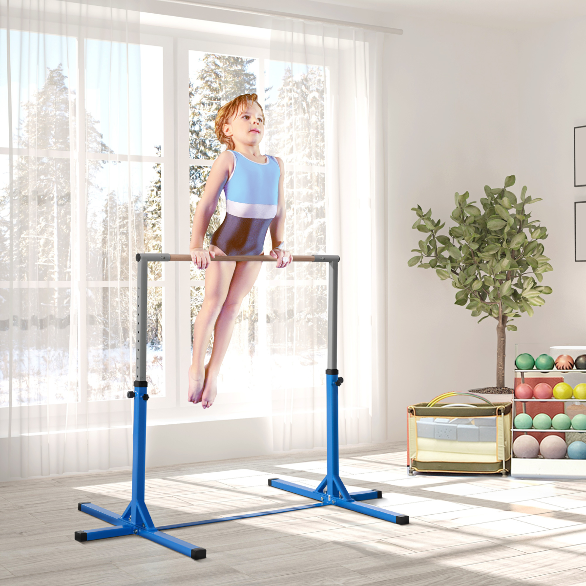 Adjustable Kids Gymnastics Bar Horizontal Training with Steel Frame Wood Bar