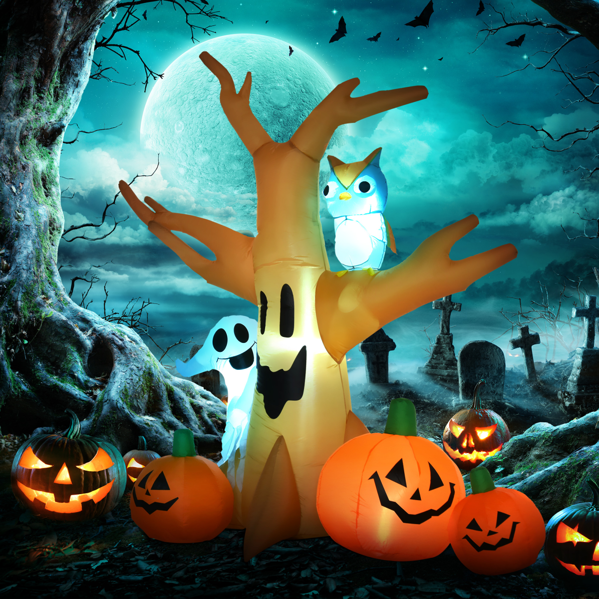 240cm Large Halloween Scary Lighting Inflatable Tree Ghost 3 Pumpkins Owl