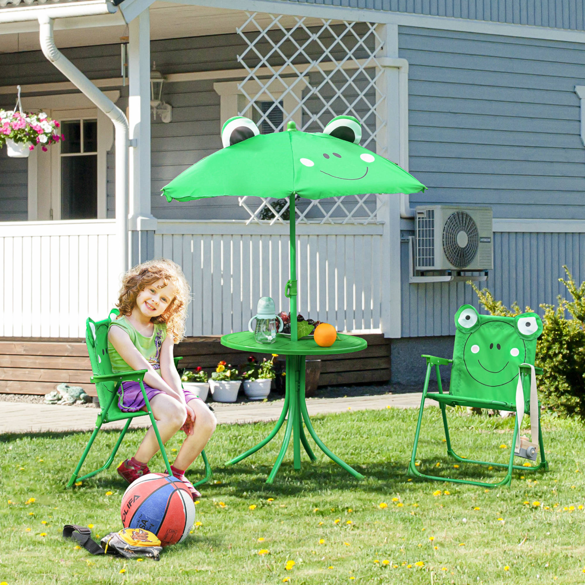 Foldable Patio Kids Metal Picnic Table with Frog Umbrella Green 4-piece