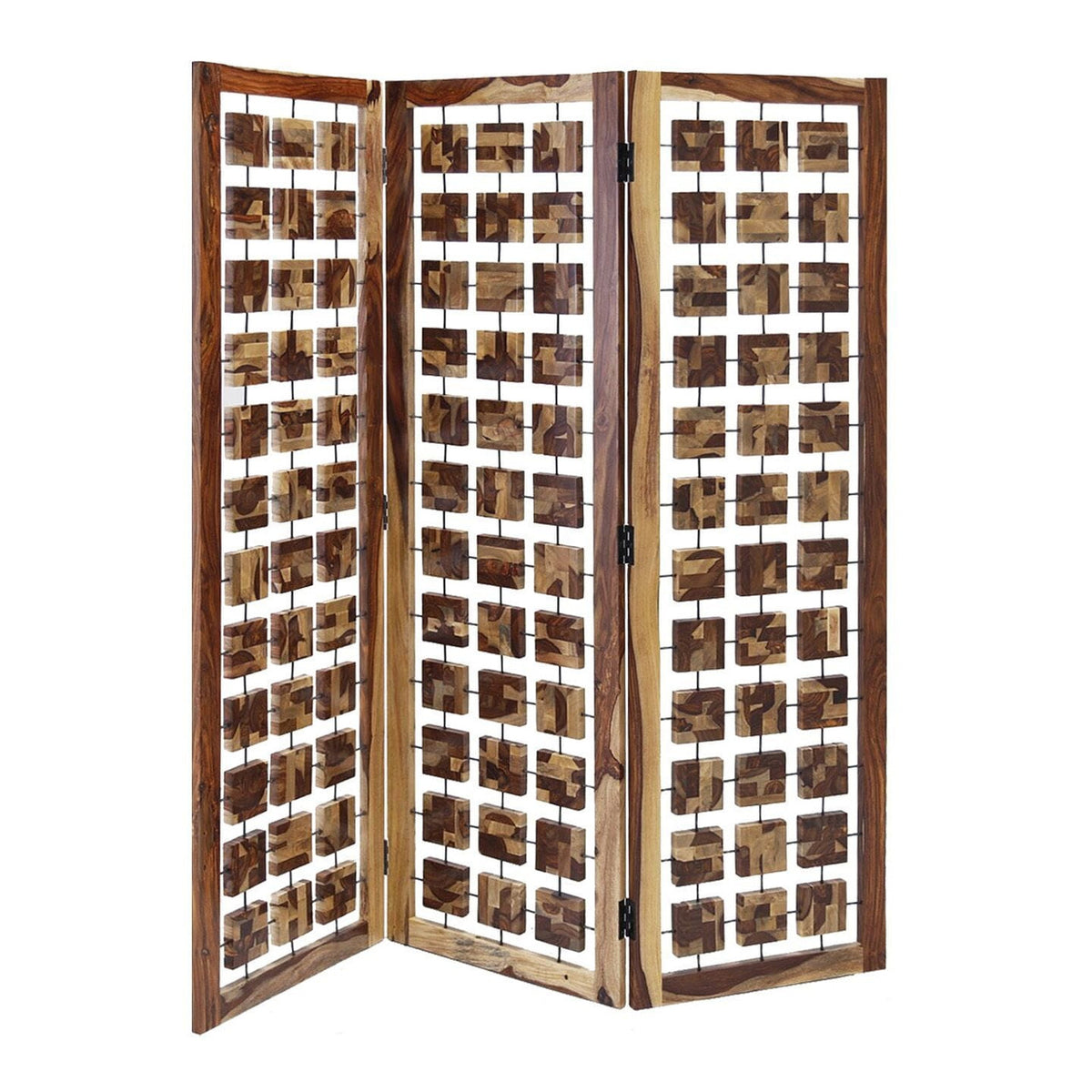 72" Brown Solid Wood Folding Three Panel Screen Room Divider-2