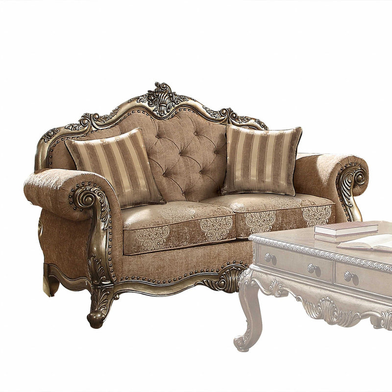 69" Brown And Platinum Damask Chesterfield Loveseat-0
