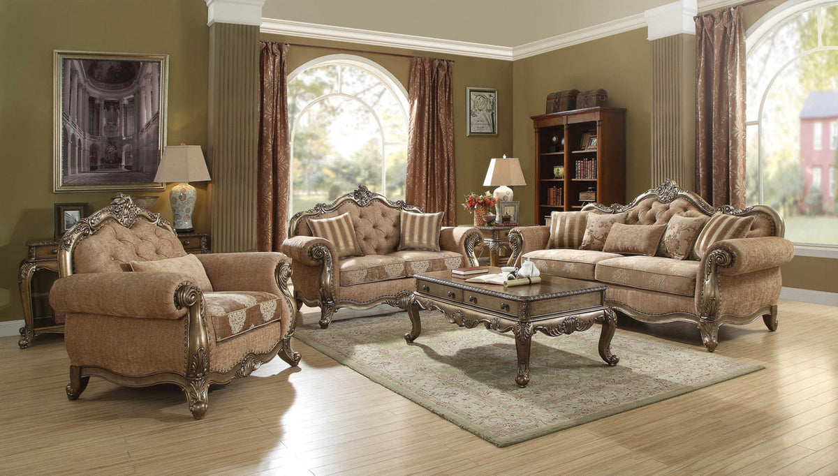 69" Brown And Platinum Damask Chesterfield Loveseat-1