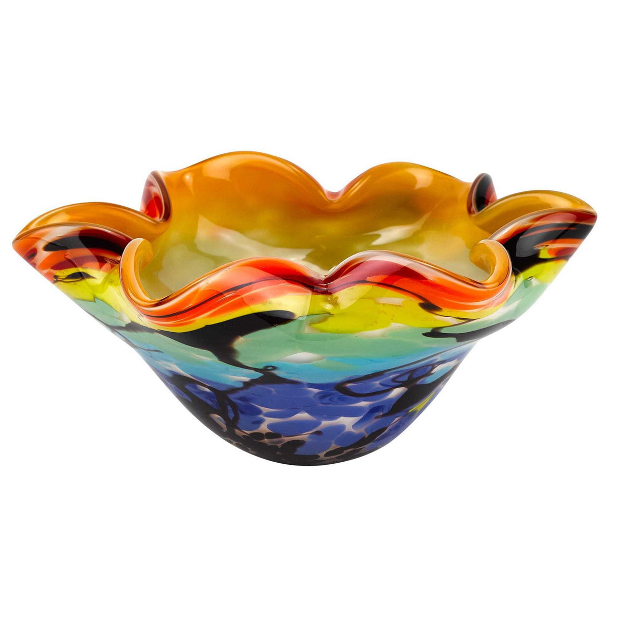 9" Rainbow Multi Art Glass Wavy Centerpiece Bowl-1