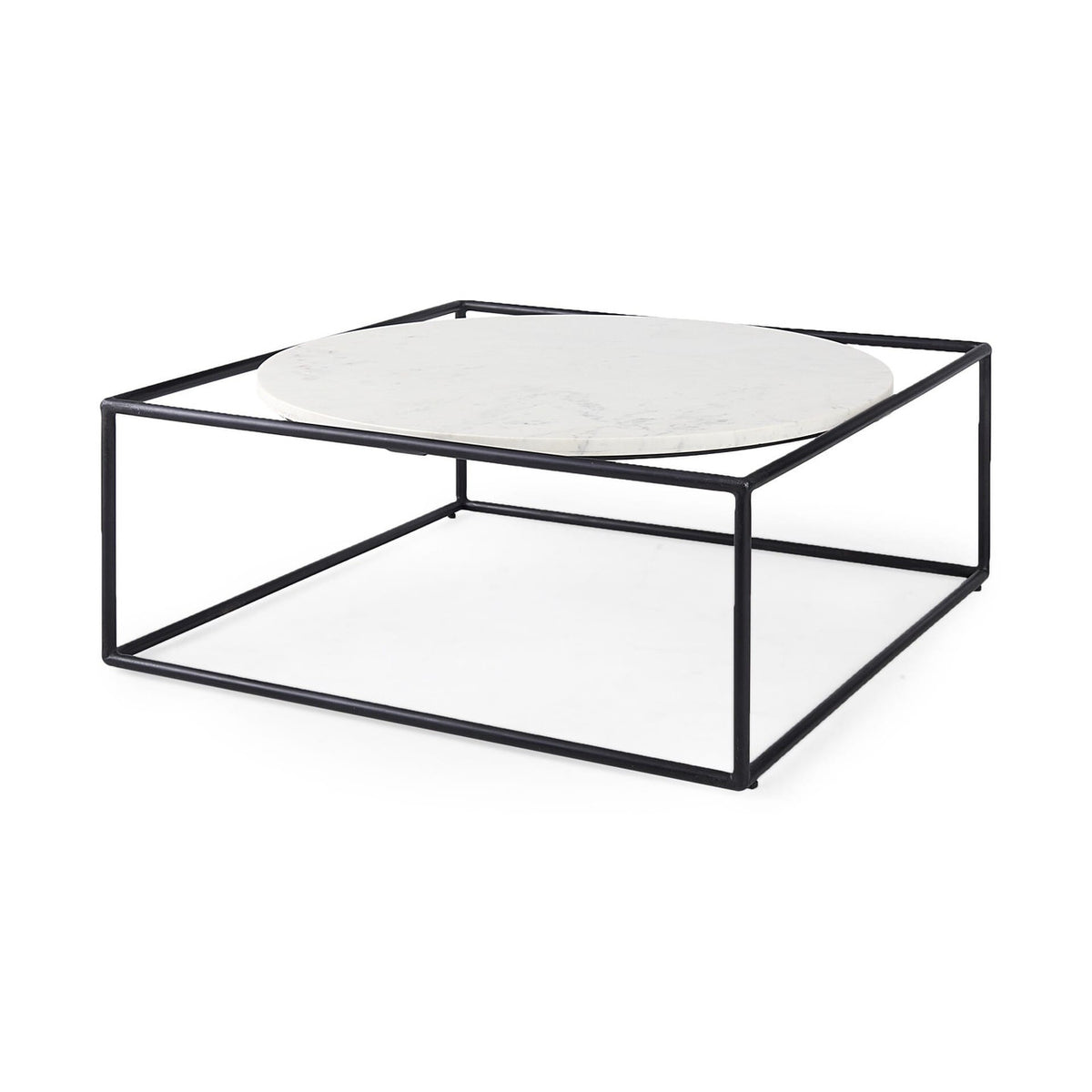 36" White And Black Genuine Marble And Metal Square Coffee Table-4