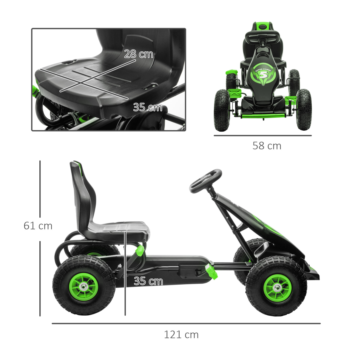 Children Pedal Go Kart with Adjustable Seat, Rubber Wheels, Brake - Green