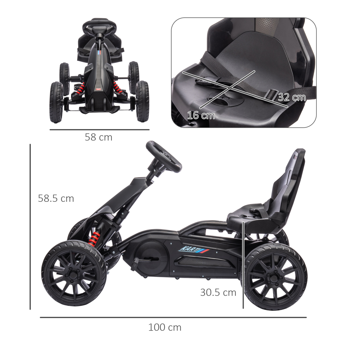 Homcom Children Pedal Go Kart with Adjustable Seat, Handbrake - Black