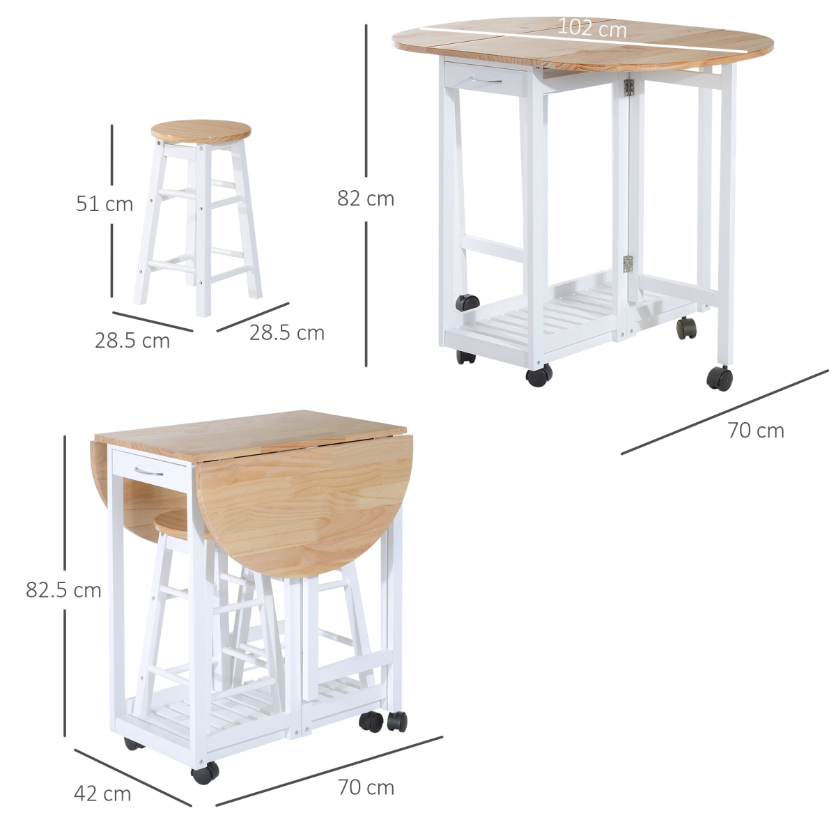 3pc Wooden Kitchen Cart Mobile Rolling Trolley Folding Stools Wheels