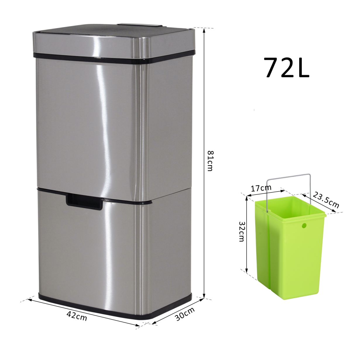 Motion Sensor Rubbish Bin, 3 Compartments Removable Lid Stainless Steel