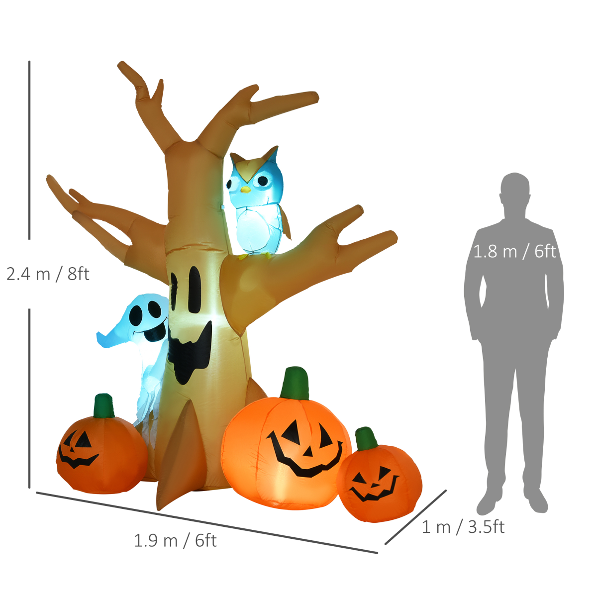 240cm Large Halloween Scary Lighting Inflatable Tree Ghost 3 Pumpkins Owl