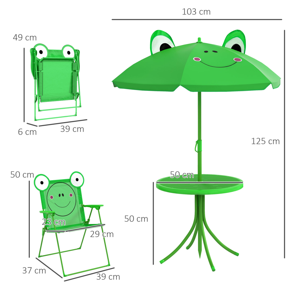 Foldable Patio Kids Metal Picnic Table with Frog Umbrella Green 4-piece