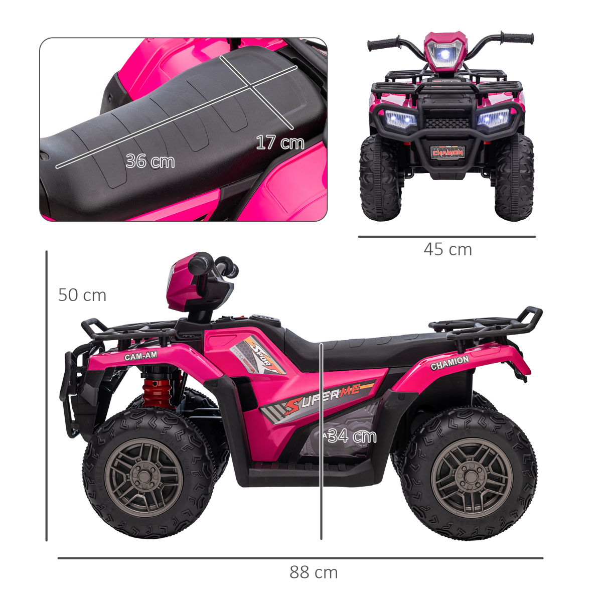 12V Electric Quad Bike for Kids with LED Headlights, Music - Pink