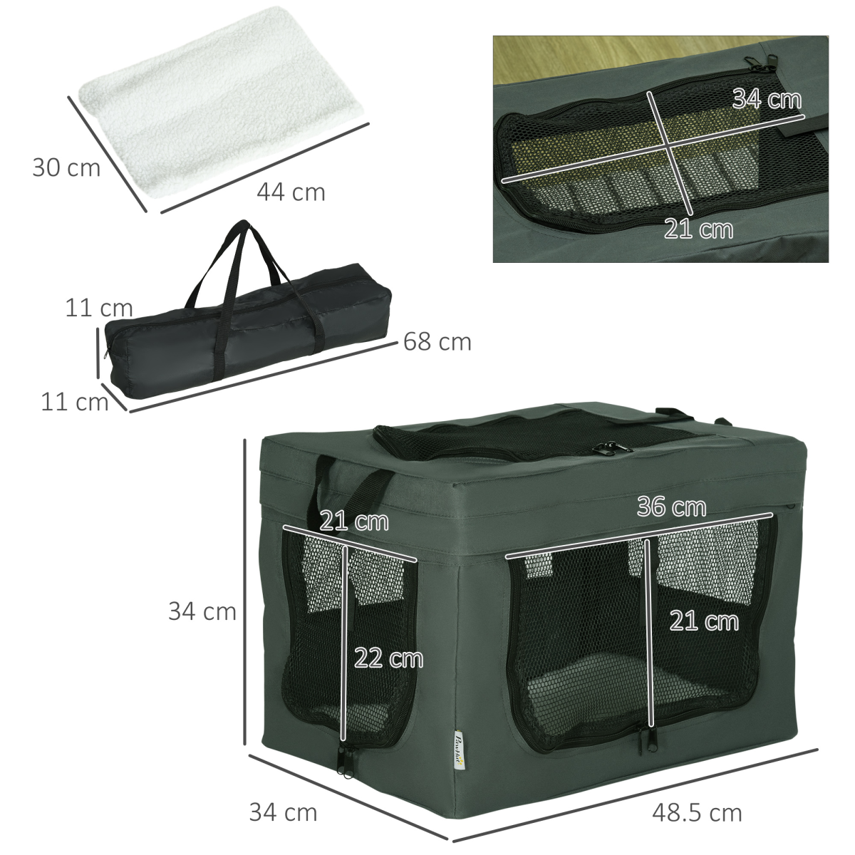 48.5cm Foldable Pet Carrier, Cat Bag with Cushion, for Miniature Dogs - Grey