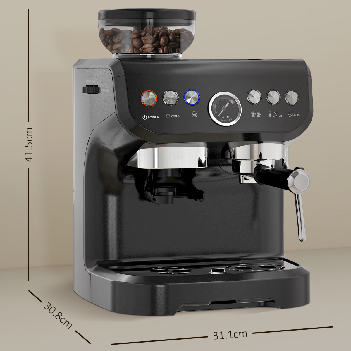 Espresso Coffee Machine w/ Integrated Bean Grinder and Steam Wand 15 Bar