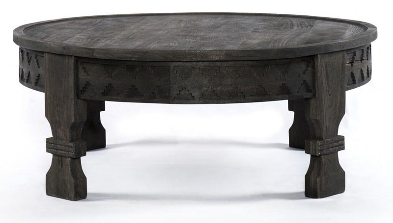 Black Carved Round Wooden Coffee Table-0