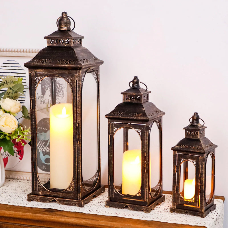 Set of 3 Vintage Candle Lanterns 10/14/19.5''H Decorative Outdoor Lantern-0
