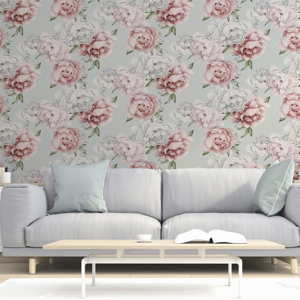 Mixed Peonies Mint Wallpaper image 2