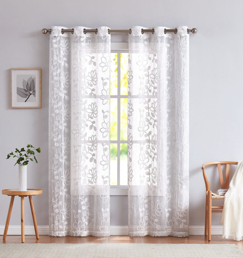 Set of Two 96" White Floral Embroidered Window Panels-0