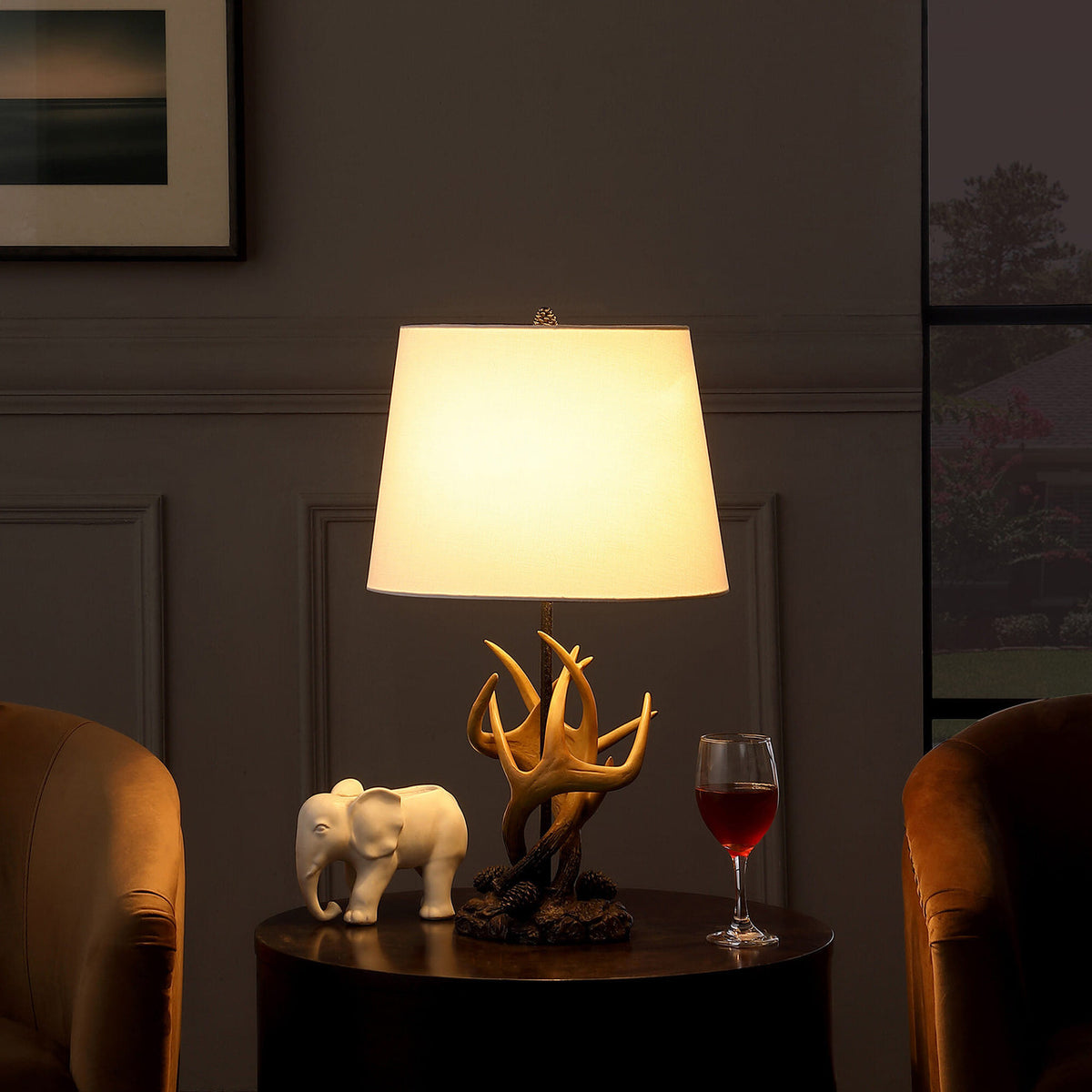 26" Natural And Brown Antlers Table Lamp With White Shade-2