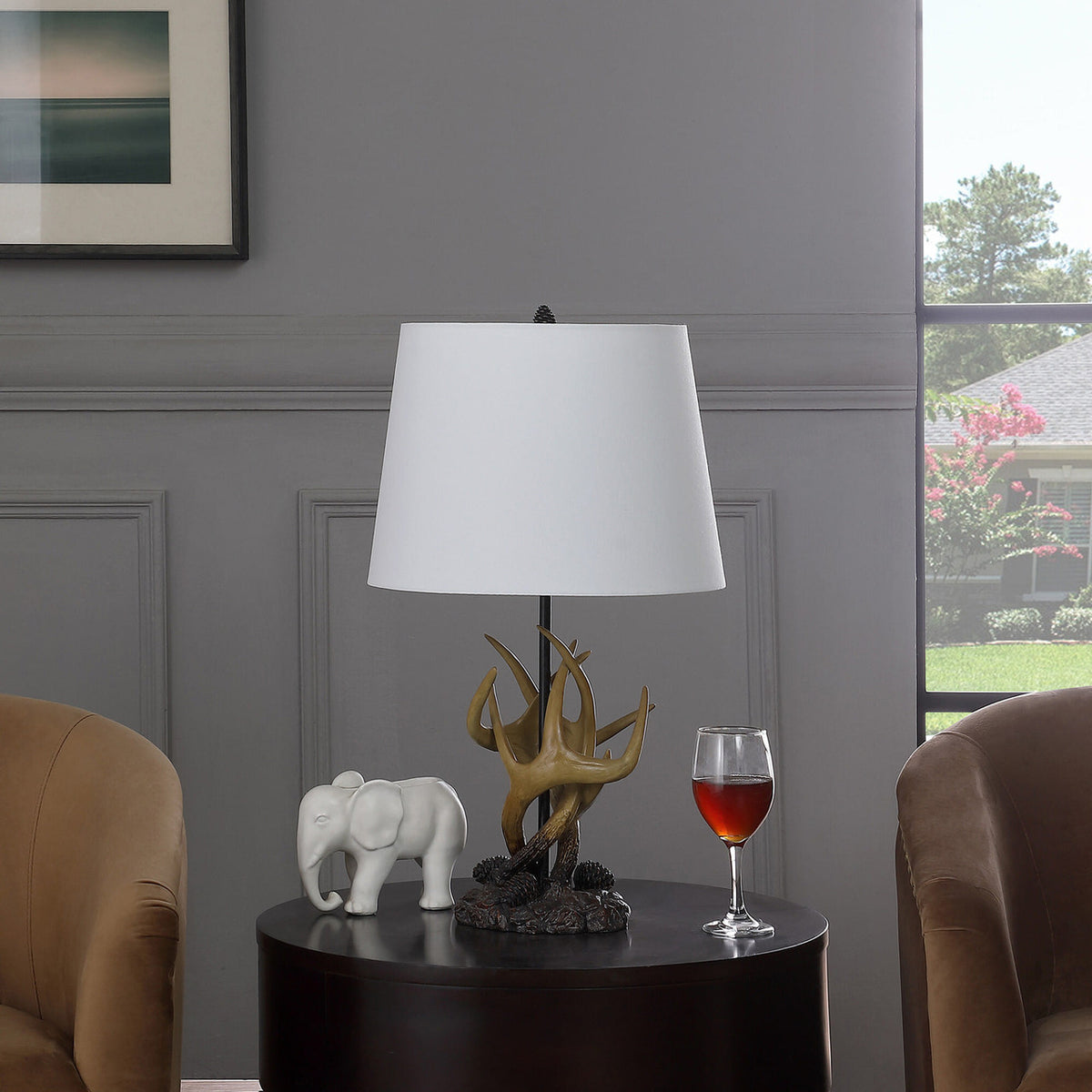 26" Natural And Brown Antlers Table Lamp With White Shade-3