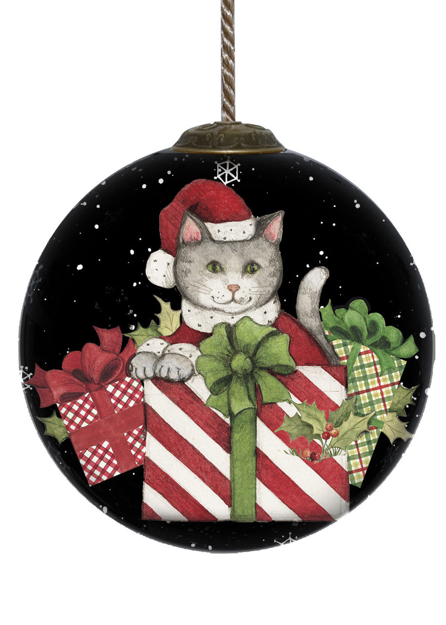 Christmas Cat with Presents Hand Painted Mouth Blown Glass Ornament-1