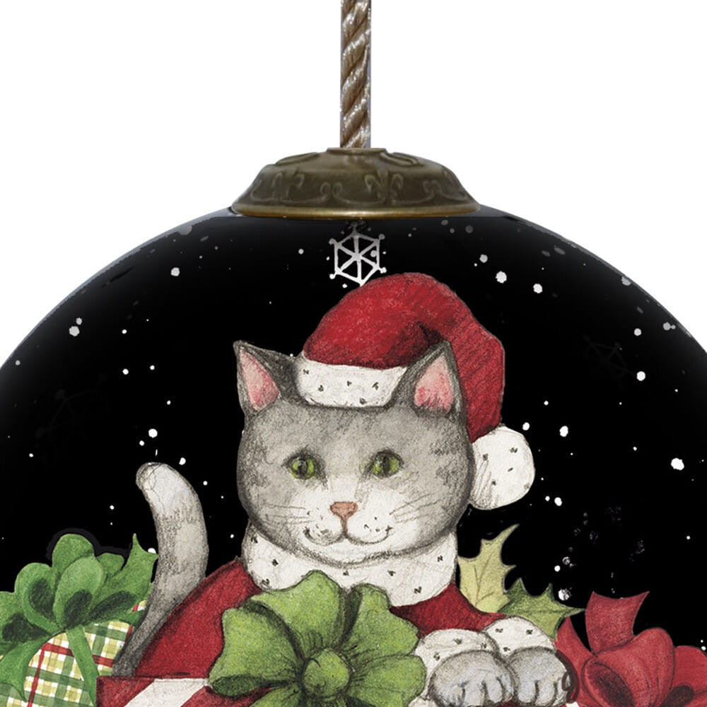Christmas Cat with Presents Hand Painted Mouth Blown Glass Ornament-3