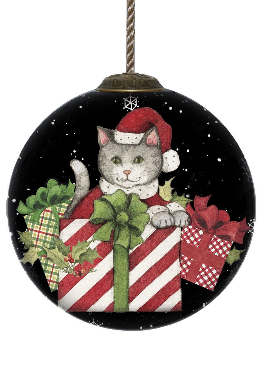 Christmas Cat with Presents Hand Painted Mouth Blown Glass Ornament-4