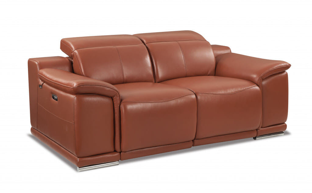 72" Camel And Silver Italian Leather Power Reclining Loveseat-1