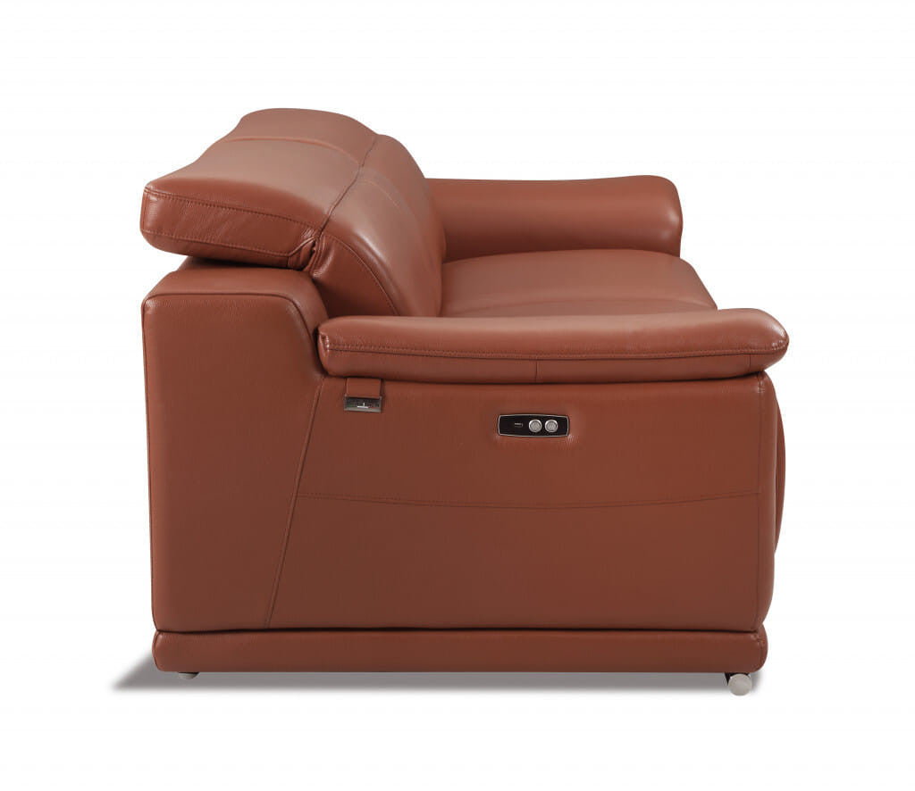72" Camel And Silver Italian Leather Power Reclining Loveseat-3
