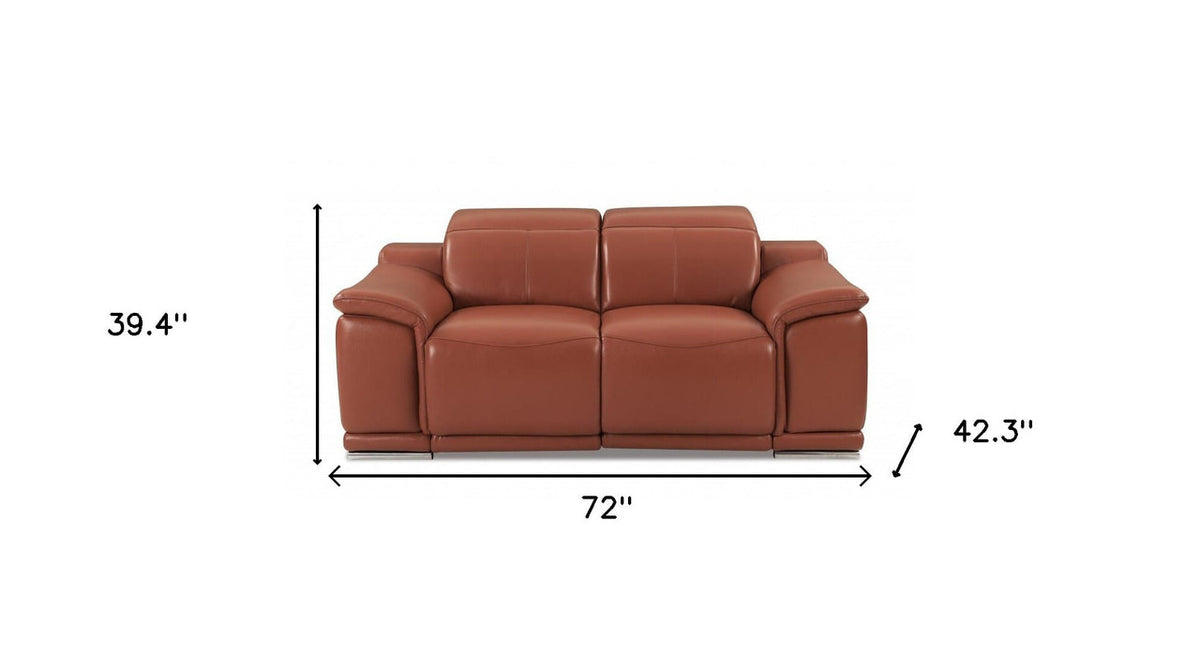 72" Camel And Silver Italian Leather Power Reclining Loveseat-5