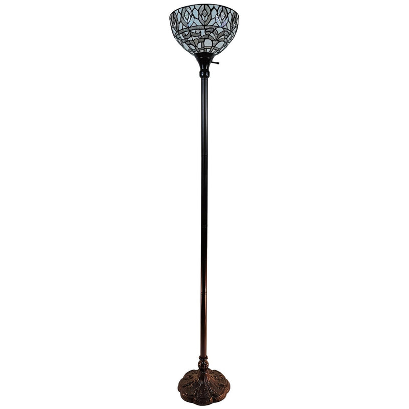 62" Brown Traditional Shaped Floor Lamp With White Peacock Feather Stained Glass Dome Shade-0