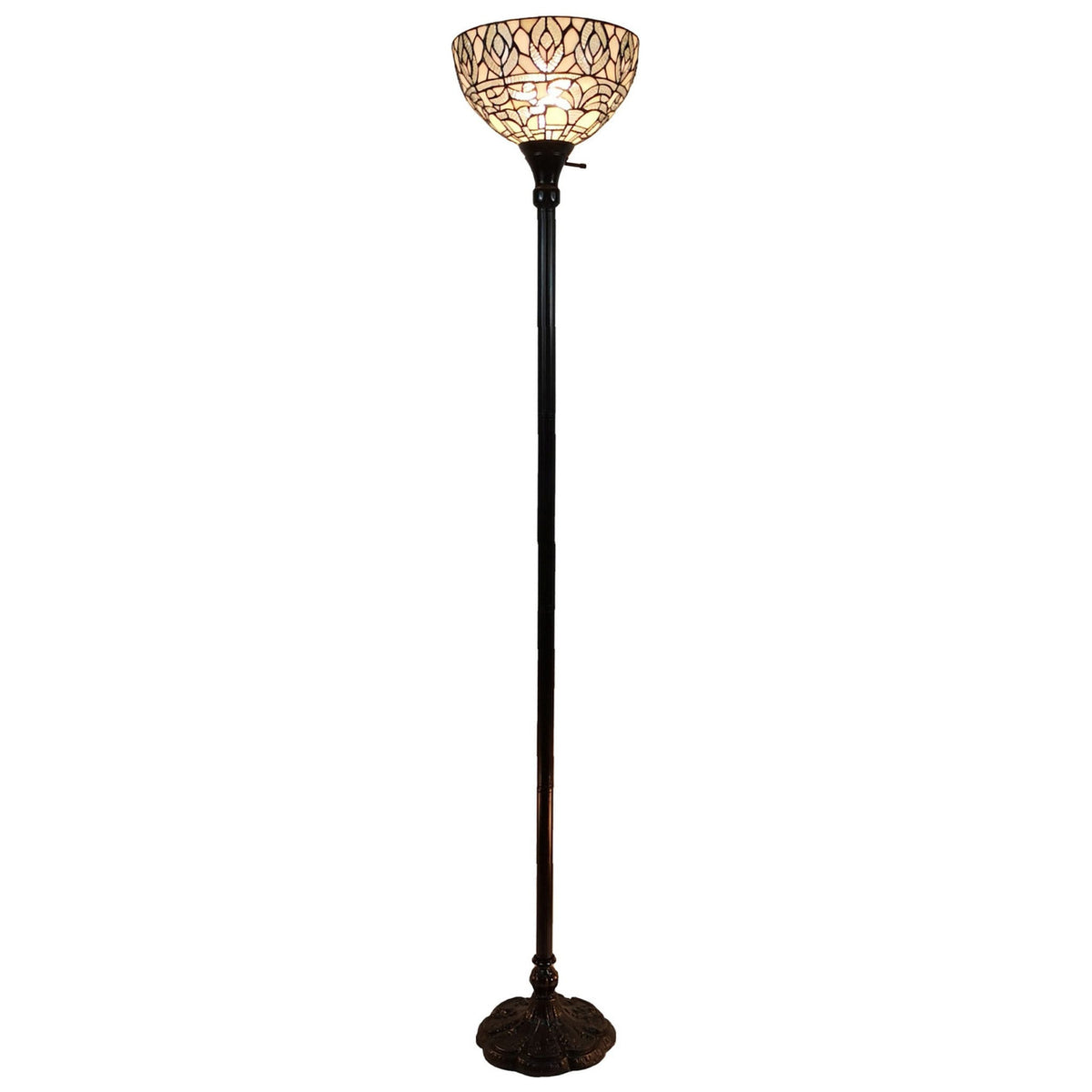 62" Brown Traditional Shaped Floor Lamp With White Peacock Feather Stained Glass Dome Shade-1