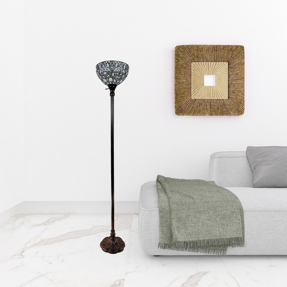 62" Brown Traditional Shaped Floor Lamp With White Peacock Feather Stained Glass Dome Shade-3