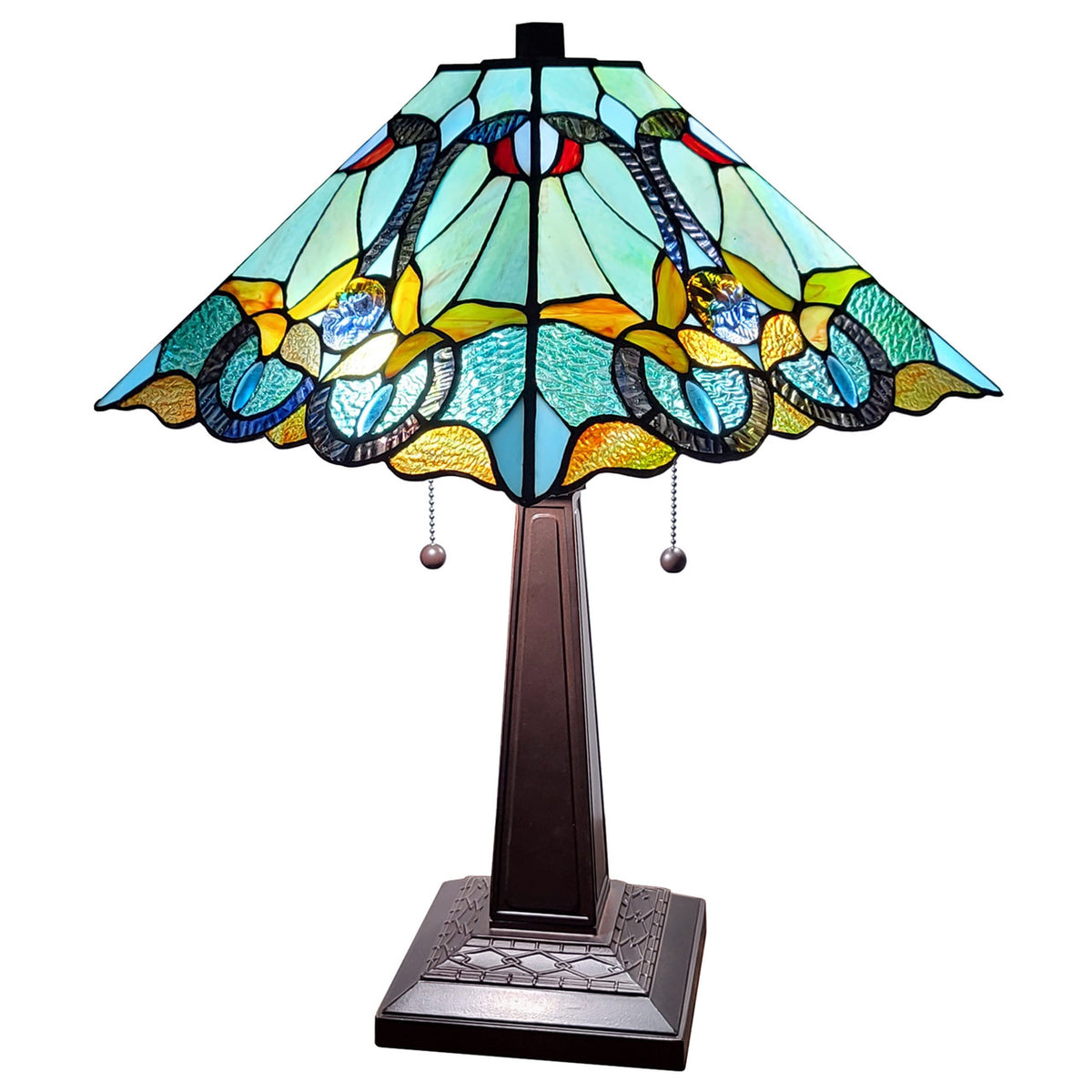 23" Dark Brown Metal Two Light Table Lamp With Blue and Green Cone Shade-0