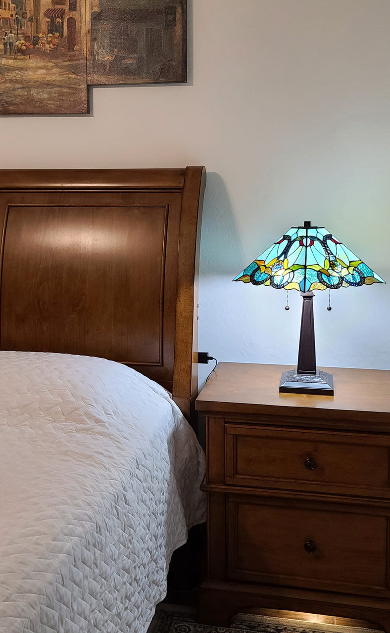 23" Dark Brown Metal Two Light Table Lamp With Blue and Green Cone Shade-2
