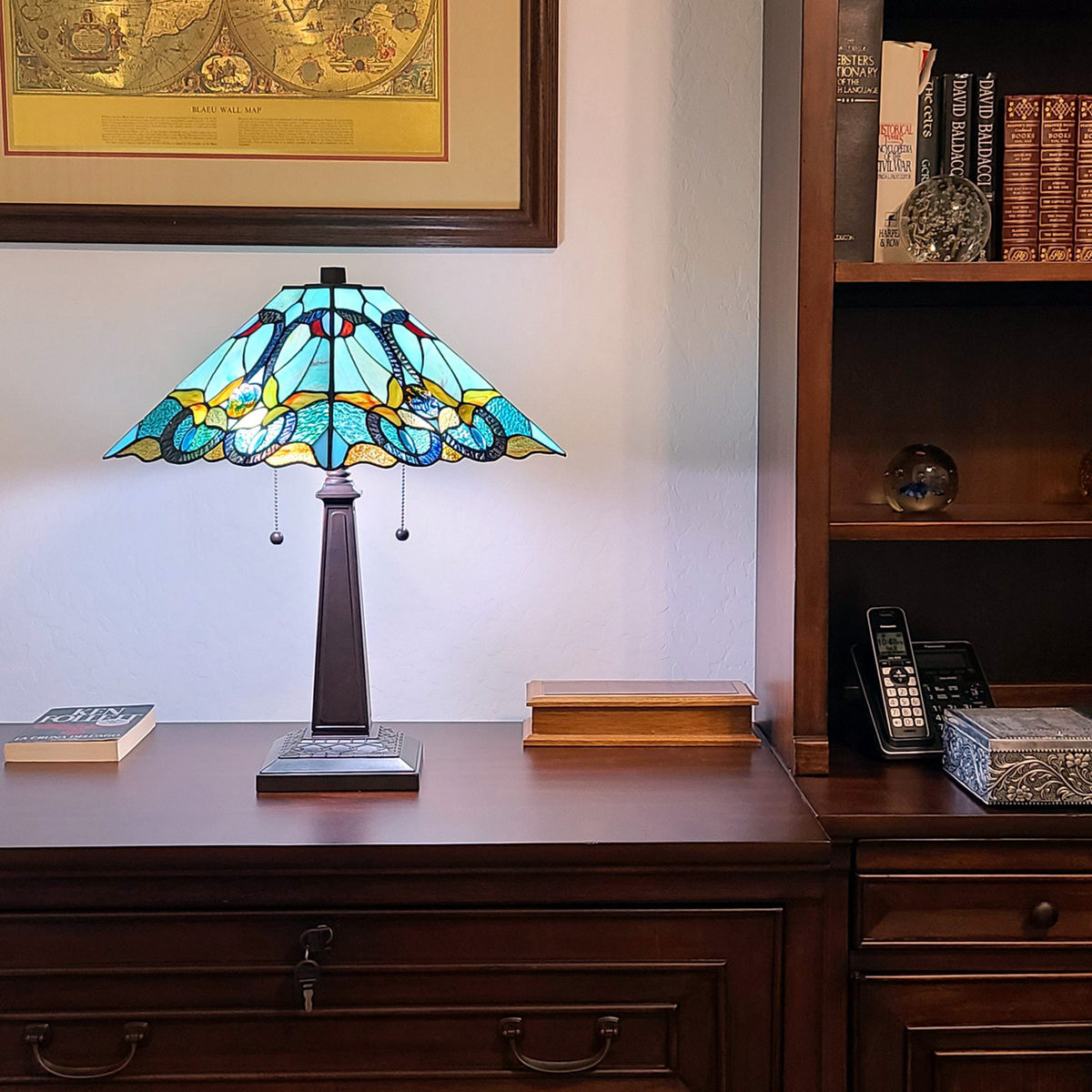 23" Dark Brown Metal Two Light Table Lamp With Blue and Green Cone Shade-3