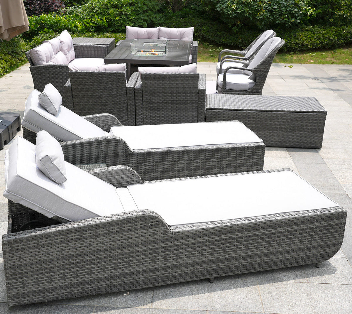 Twelve Piece Outdoor Gray Wicker Multiple Chairs Seating Group Fire Pit Included with White Cushions-2