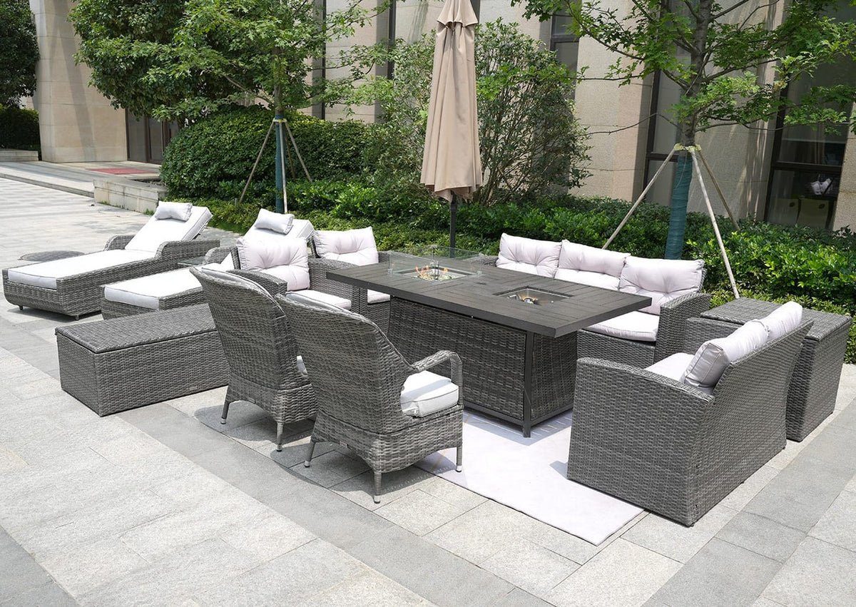 Twelve Piece Outdoor Gray Wicker Multiple Chairs Seating Group Fire Pit Included with White Cushions-3